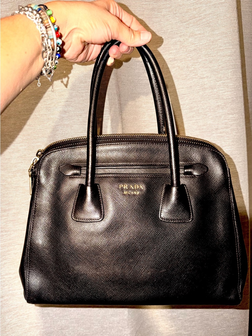 Prada Black Saffiano Cuir Leather Dome Tote Handbag - Picture 2 of 16